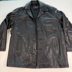 J Riggins Sportswear Mens Black Leather Car Coat Quilted Lining Large RN 70377